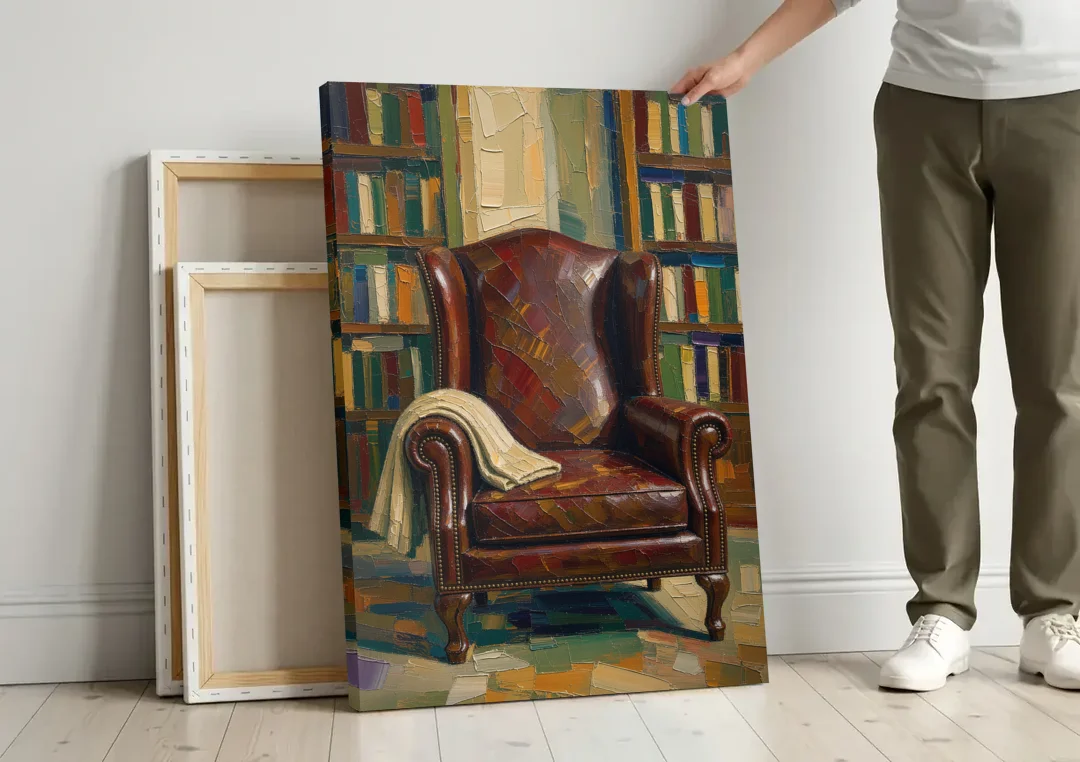 Reading Room Decor with an Oxblood Wingback Chair canvas wall art leaning against a wall next to blank canvases