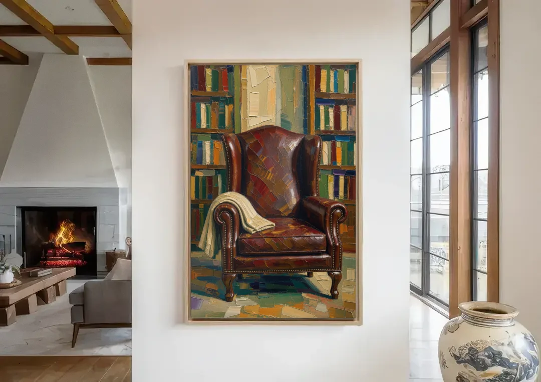 Reading Room Decor with an Oxblood Wingback Chair canvas wall art in a living room with a fireplace