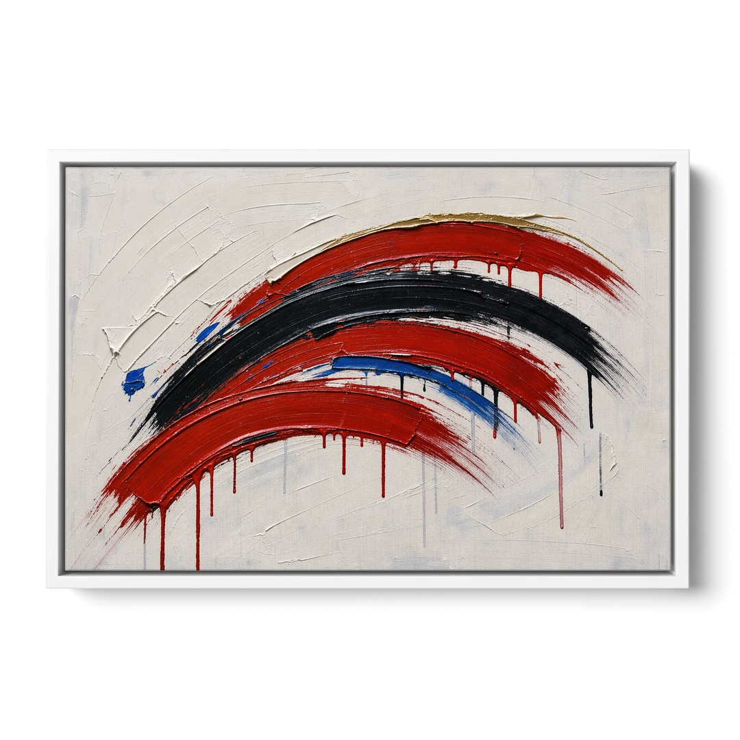 Red and Black Wall Art of Dripping Crescent Arcs - White Framed Canvas Wall Art - Front
