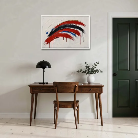 Red and Black Wall Art of Dripping Crescent Arcs - White Framed Canvas Wall Art - Office - 36x24