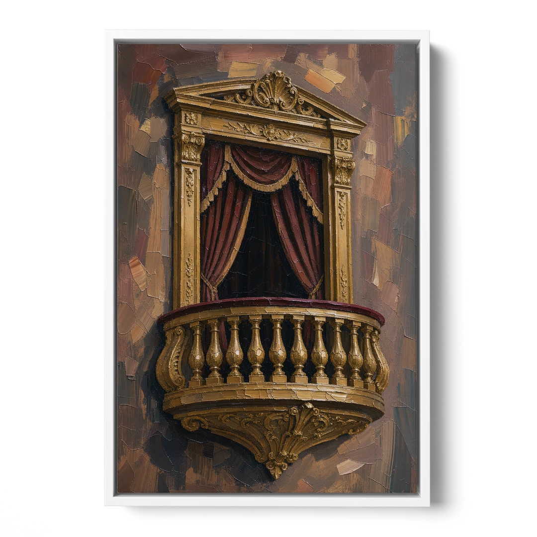Red and Gold Wall Art of a Gilded Opera Box - White Framed Canvas Wall Art - Front