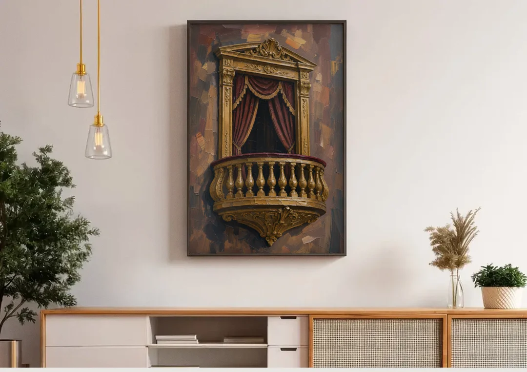 Red and Gold Wall Art of a Gilded Opera Box canvas wall art above a wooden sideboard under pendant lights
