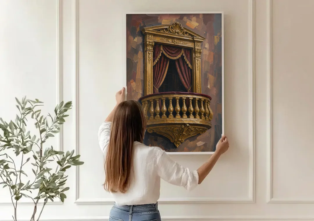Red and Gold Wall Art of a Gilded Opera Box canvas wall art being hung on a paneled wall