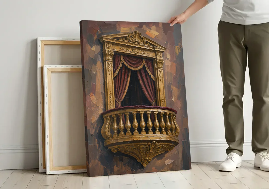 Red and Gold Wall Art of a Gilded Opera Box canvas wall art leaning against a wall next to blank canvases