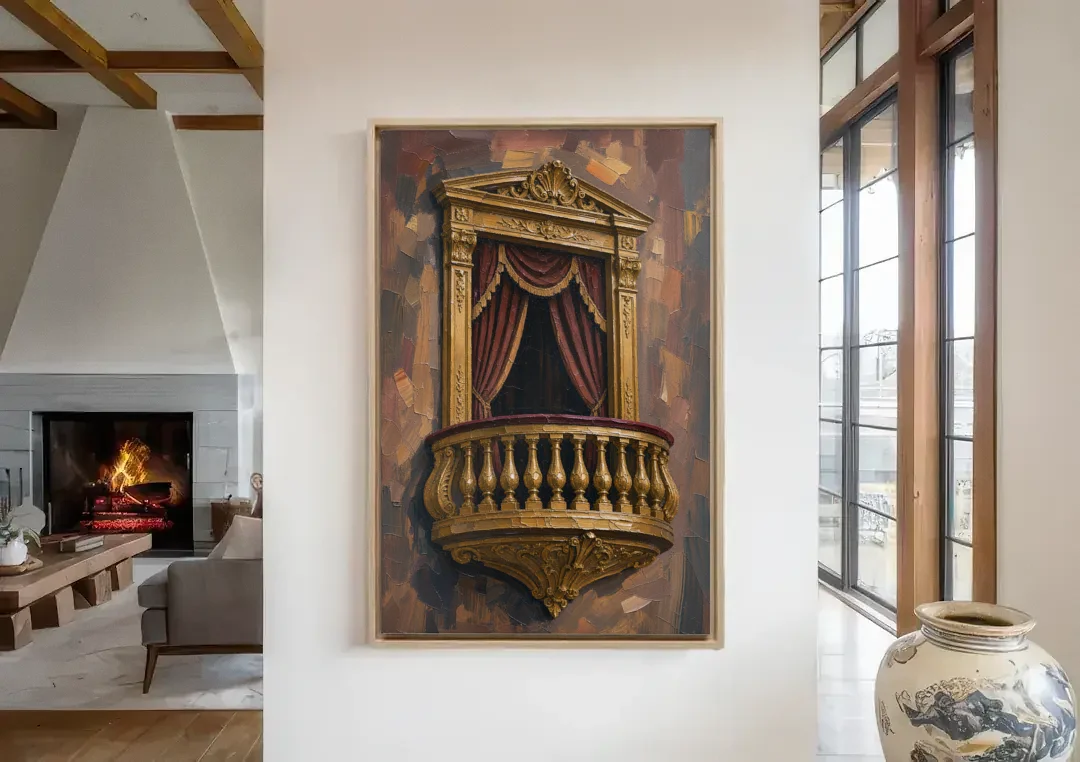 Red and Gold Wall Art of a Gilded Opera Box canvas wall art in a living room with a fireplace