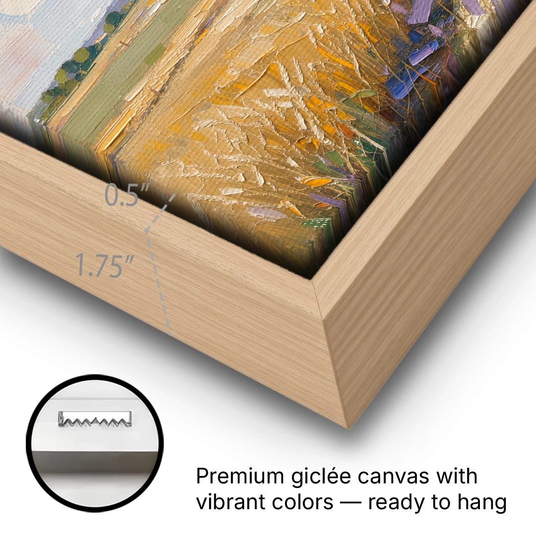 Red Barn Across Golden Grain Fields - Oak Framed Canvas Wall Art - Gallery Wrap Corner