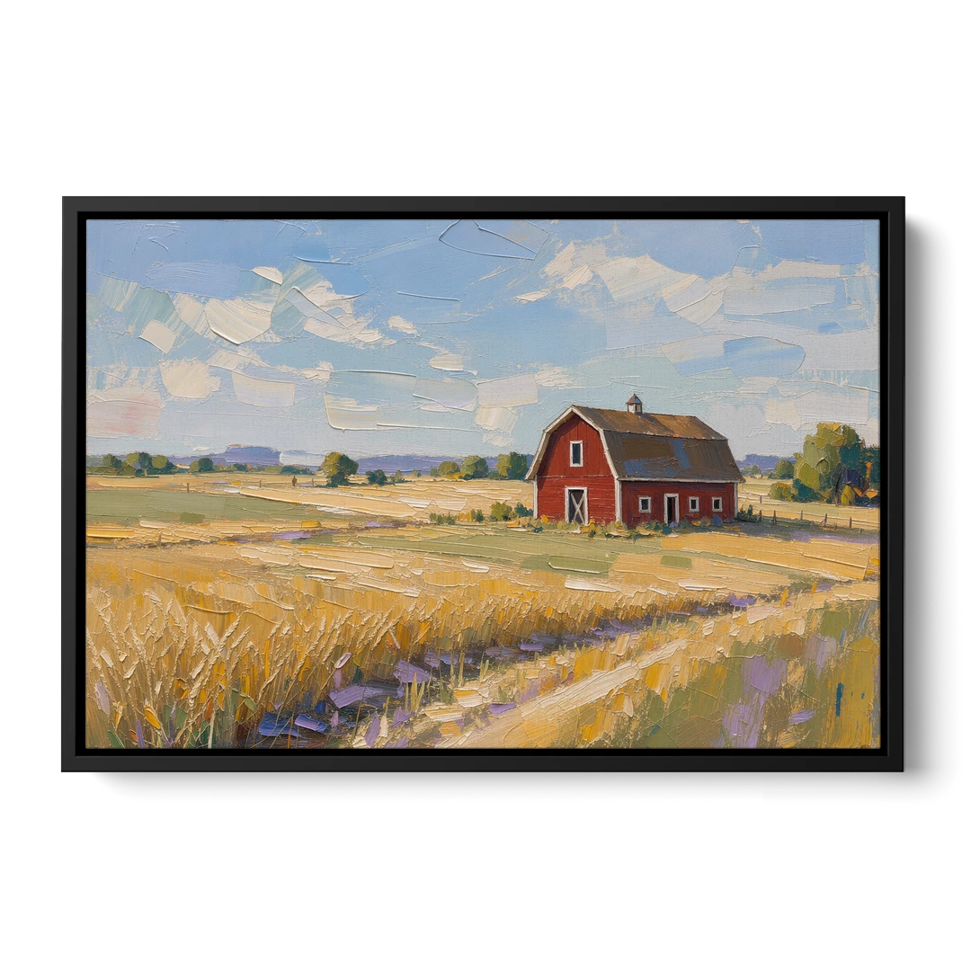 Red Barn Across Golden Grain Fields - Black Framed Canvas Wall Art - Front