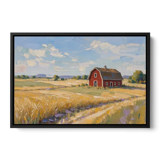 Red Barn Across Golden Grain Fields - Black Framed Canvas Wall Art - Front