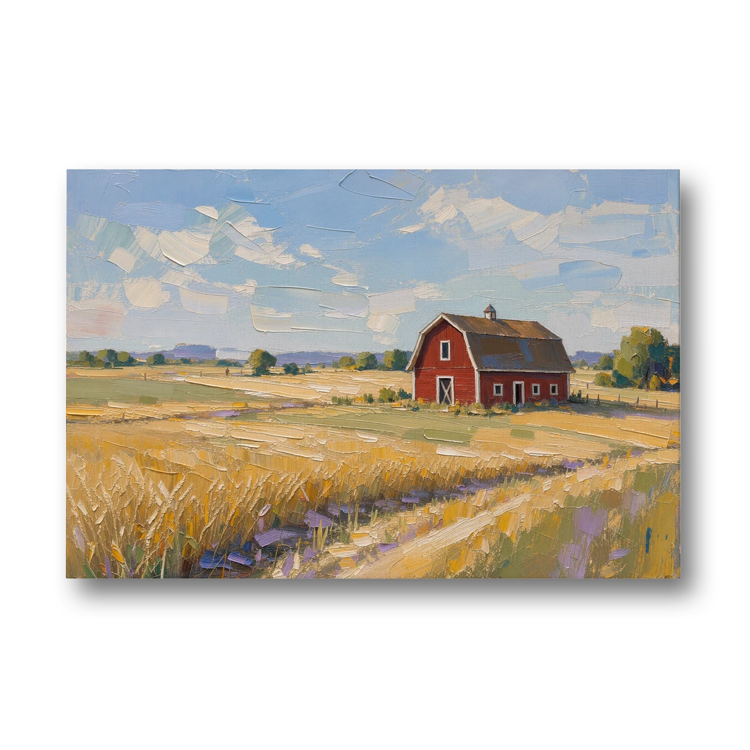 Red Barn Across Golden Grain Fields - Canvas Wall Art - Front