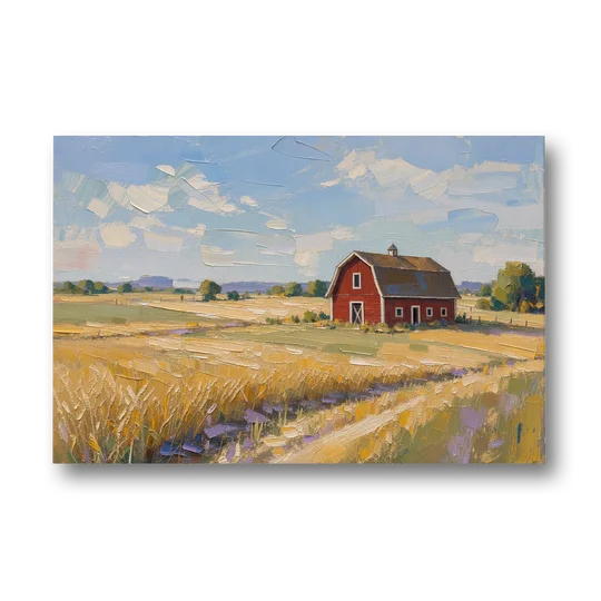 Red Barn Across Golden Grain Fields - Canvas Wall Art - Front