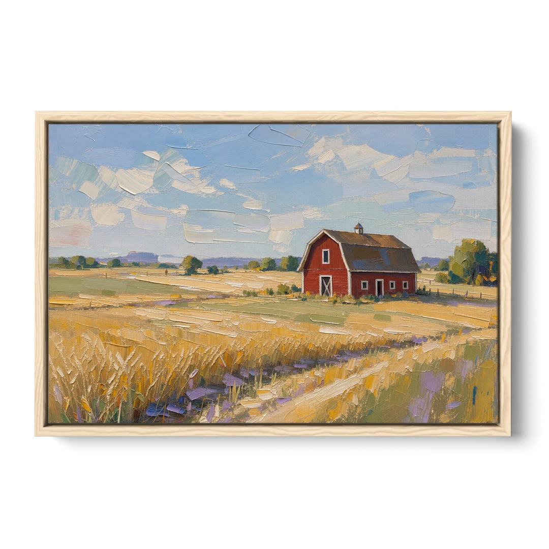 Red Barn Across Golden Grain Fields - Oak Framed Canvas Wall Art - Front