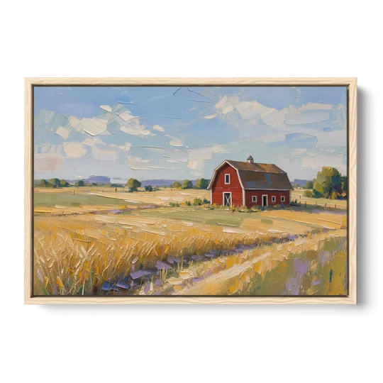 Red Barn Across Golden Grain Fields - Oak Framed Canvas Wall Art - Front
