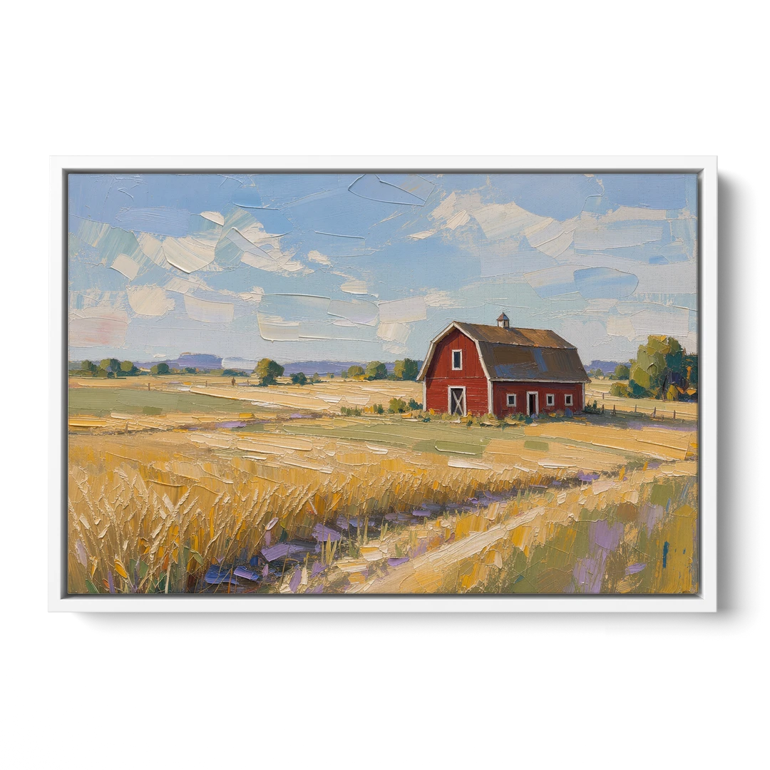 Red Barn Across Golden Grain Fields - White Framed Canvas Wall Art - Front