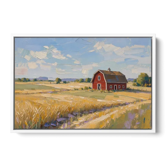 Red Barn Across Golden Grain Fields - White Framed Canvas Wall Art - Front