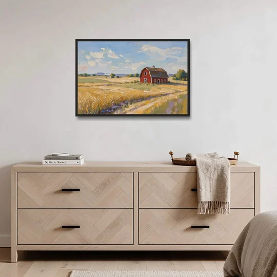 Red Barn Across Golden Grain Fields - Black Framed Canvas Wall Art - Coffee Table - 36x24
