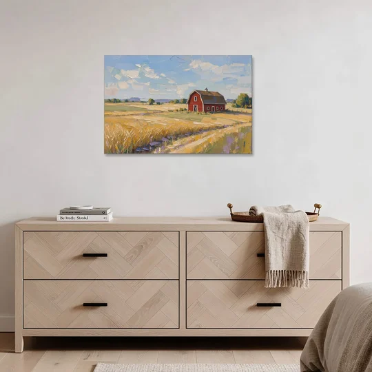 Red Barn Across Golden Grain Fields - Canvas Wall Art - Coffee Table - 36x24