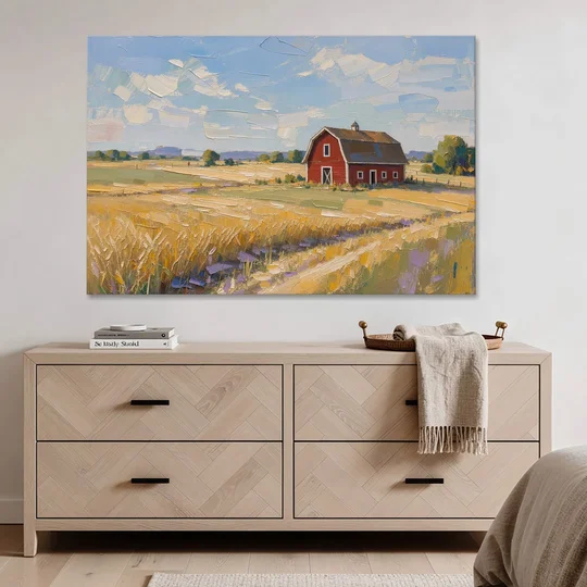 Red Barn Across Golden Grain Fields - Canvas Wall Art - Coffee Table - 60x40