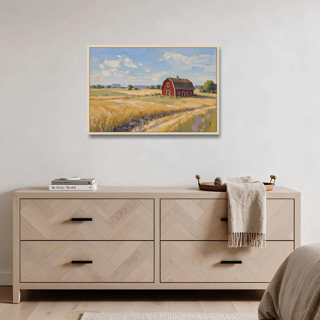 Red Barn Across Golden Grain Fields - Oak Framed Canvas Wall Art - Coffee Table - 36x24