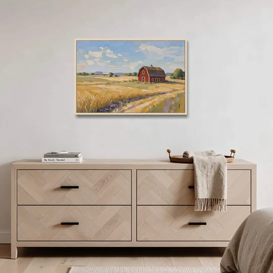 Red Barn Across Golden Grain Fields - Oak Framed Canvas Wall Art - Coffee Table - 36x24