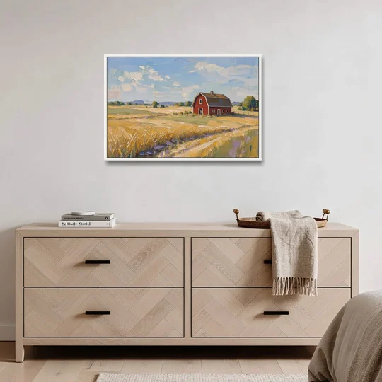 Red Barn Across Golden Grain Fields - White Framed Canvas Wall Art - Coffee Table - 36x24