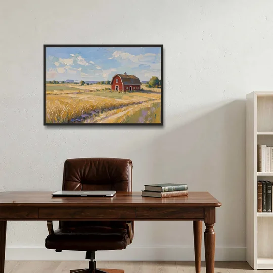 Red Barn Across Golden Grain Fields - Black Framed Canvas Wall Art - Office - 36x24