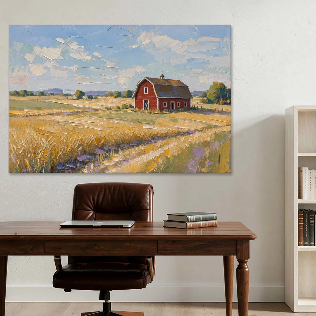 Red Barn Across Golden Grain Fields - Canvas Wall Art - Office - 60x40