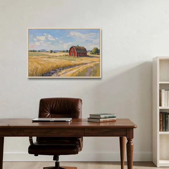 Red Barn Across Golden Grain Fields - Oak Framed Canvas Wall Art - Office - 36x24