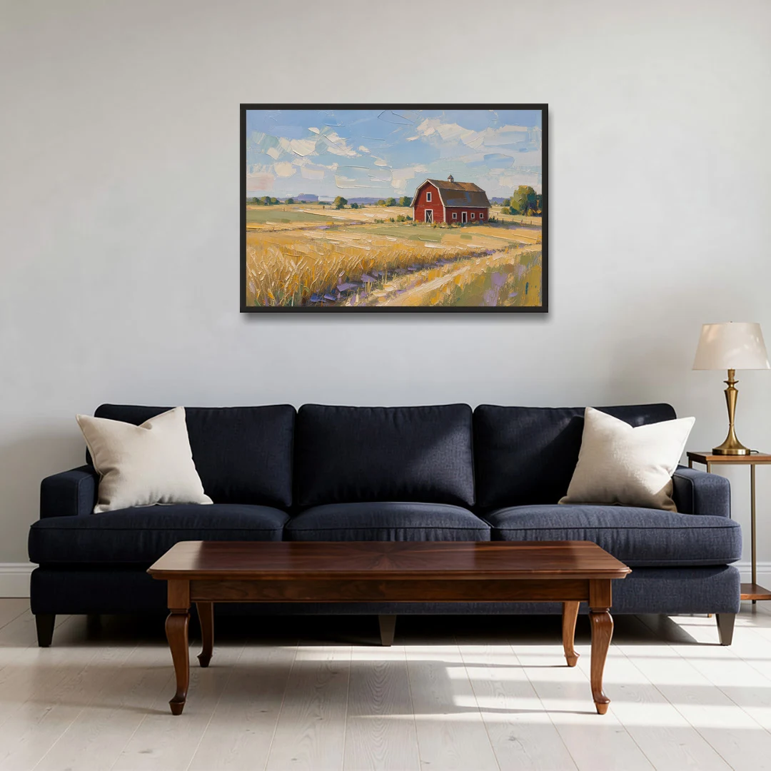 Red Barn Across Golden Grain Fields - Black Framed Canvas Wall Art - Sofa - 36x24