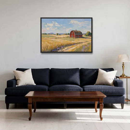 Red Barn Across Golden Grain Fields - Black Framed Canvas Wall Art - Sofa - 36x24