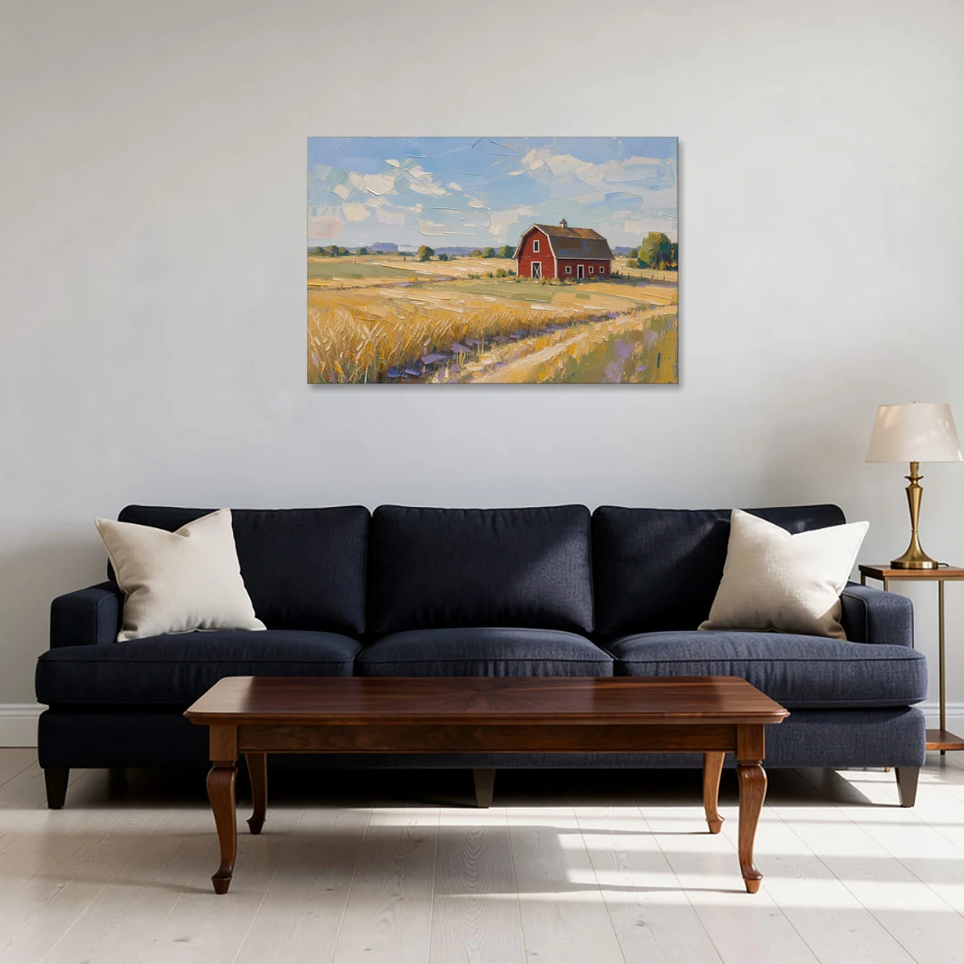 Red Barn Across Golden Grain Fields - Canvas Wall Art - Sofa - 36x24