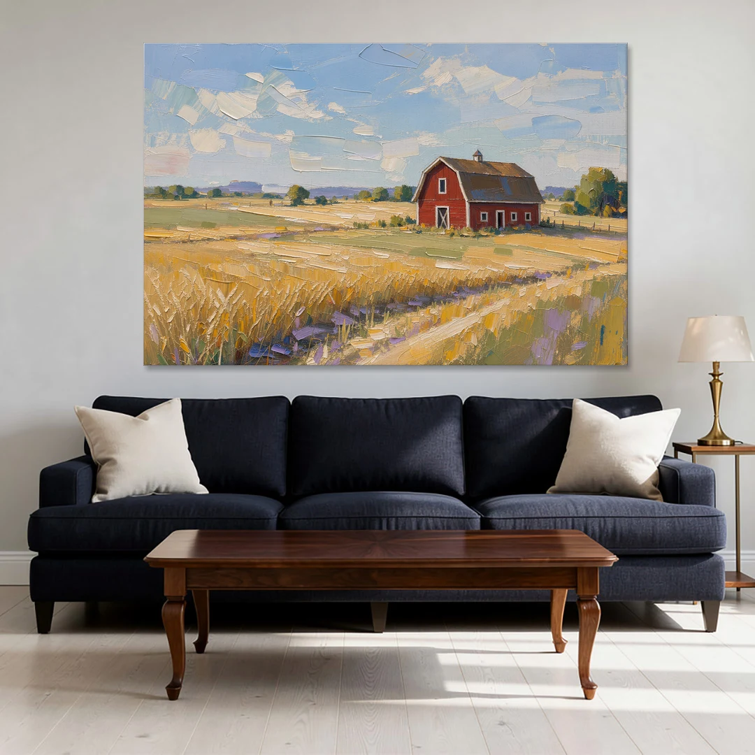 Red Barn Across Golden Grain Fields - Canvas Wall Art - Sofa - 60x40
