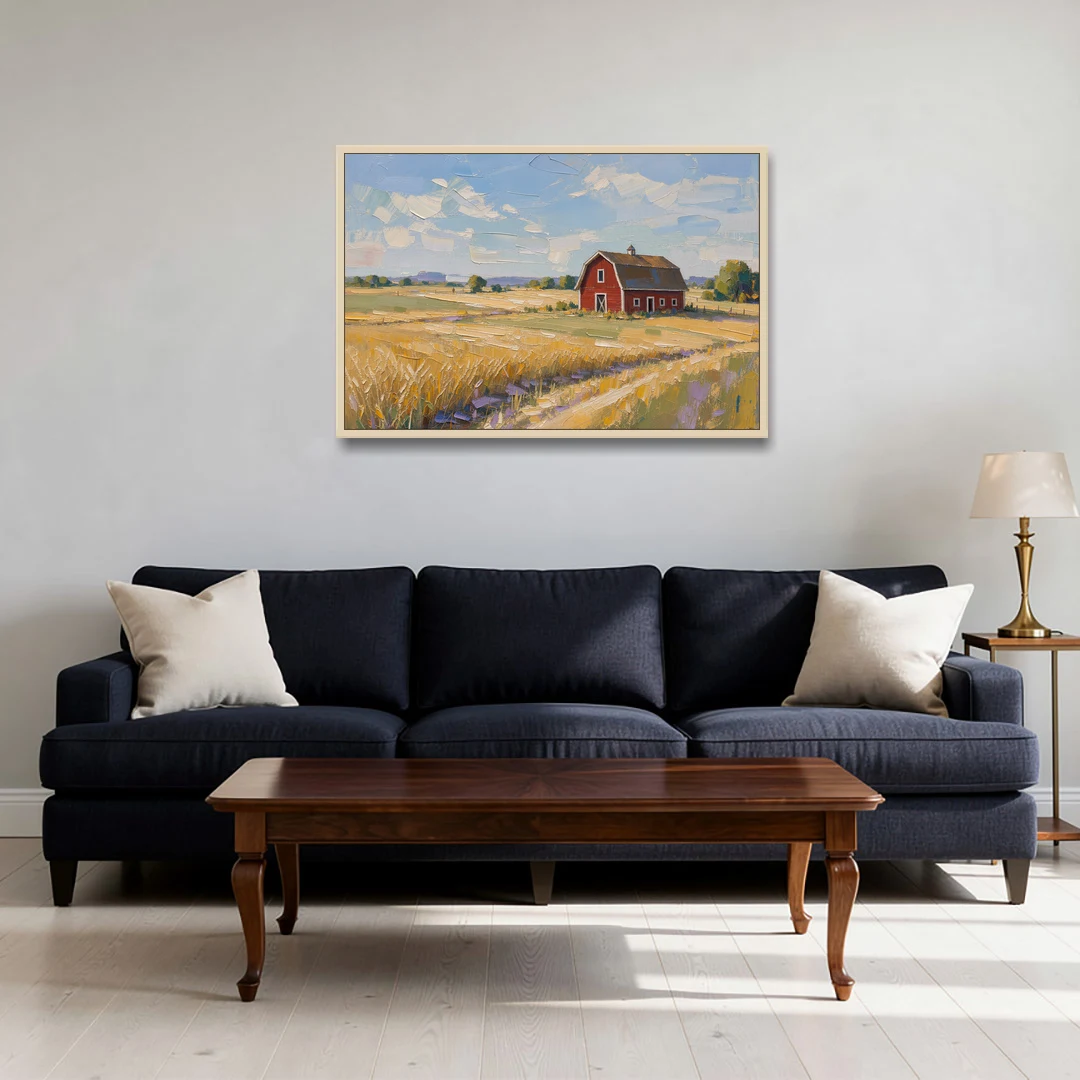 Red Barn Across Golden Grain Fields - Oak Framed Canvas Wall Art - Sofa - 36x24