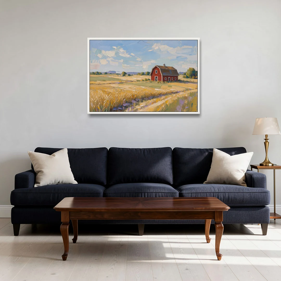 Red Barn Across Golden Grain Fields - White Framed Canvas Wall Art - Sofa - 36x24
