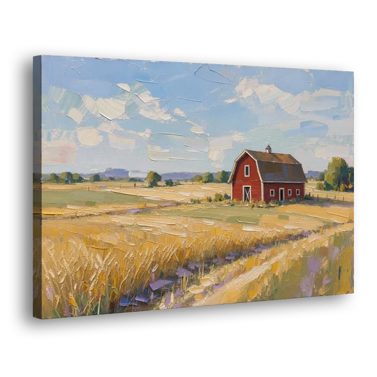 Red Barn Across Golden Grain Fields - Canvas Wall Art - Side