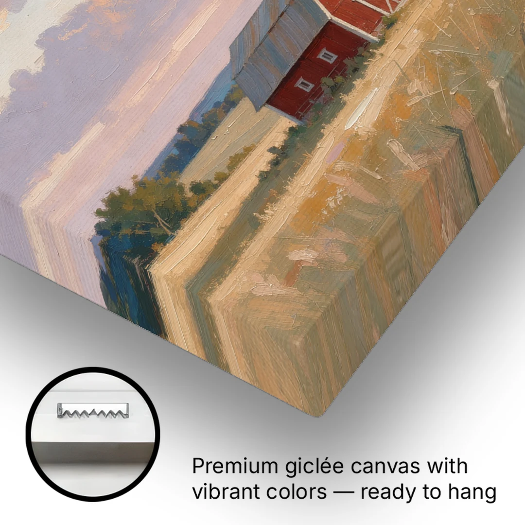 Red Barn Painting at Summer Dusk - Canvas Wall Art - Gallery Wrap Corner
