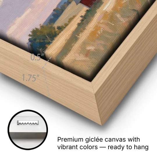 Red Barn Painting at Summer Dusk - Oak Framed Canvas Wall Art - Gallery Wrap Corner