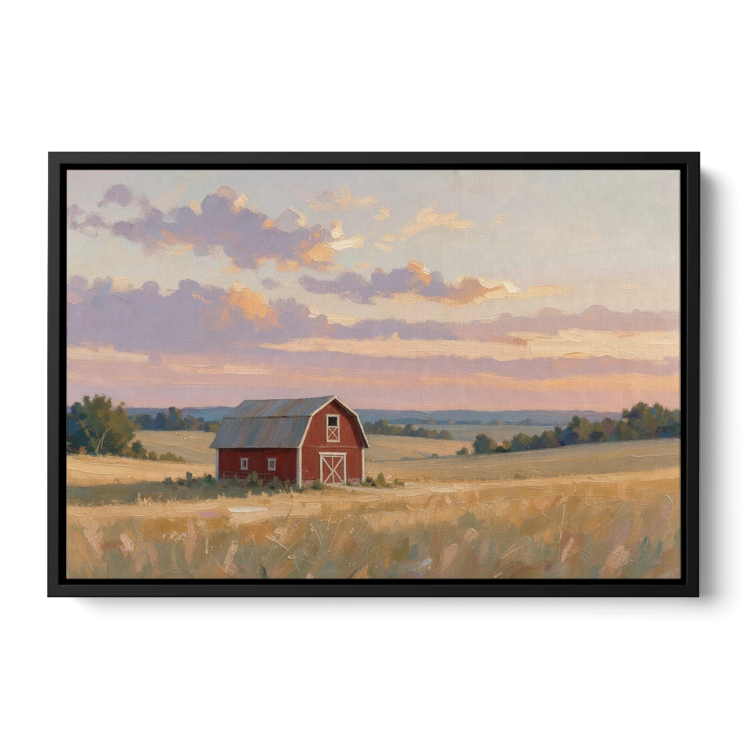 Red Barn Painting at Summer Dusk - Black Framed Canvas Wall Art - Front