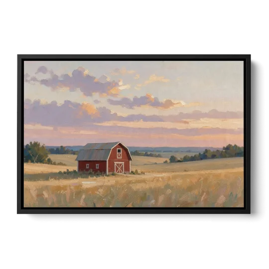 Red Barn Painting at Summer Dusk - Black Framed Canvas Wall Art - Front