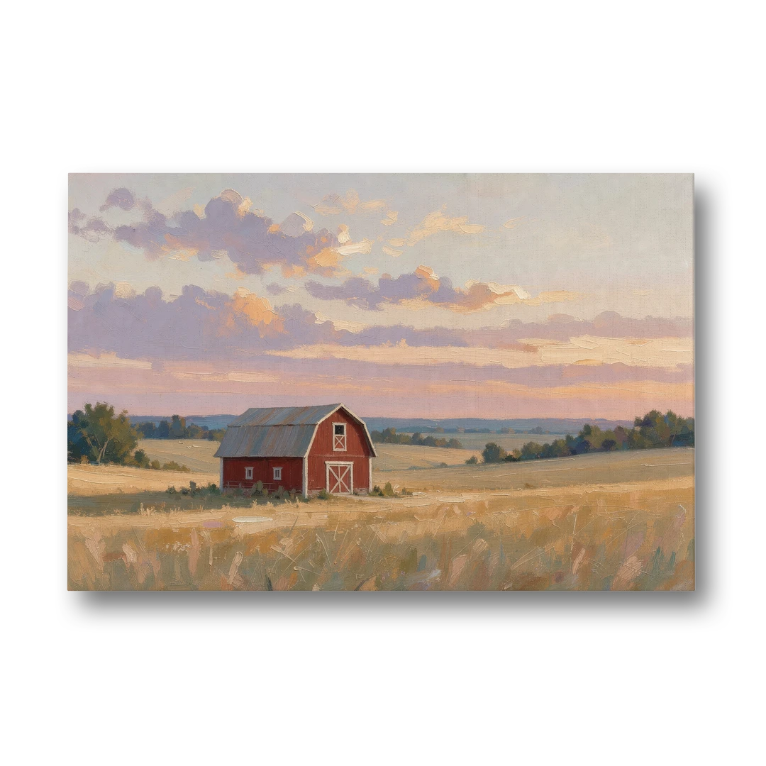 Red Barn Painting at Summer Dusk - Canvas Wall Art - Front