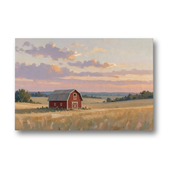 Red Barn Painting at Summer Dusk - Canvas Wall Art - Front