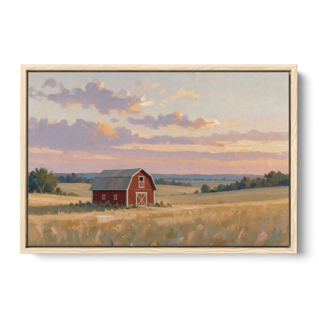 Red Barn Painting at Summer Dusk - Oak Framed Canvas Wall Art - Front