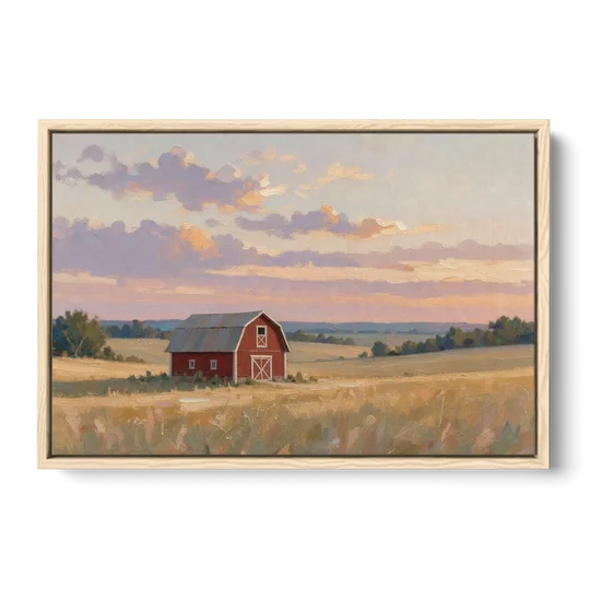 Red Barn Painting at Summer Dusk - Oak Framed Canvas Wall Art - Front