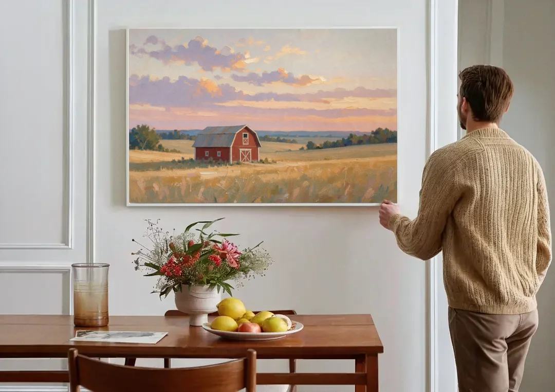 Red Barn Painting at Summer Dusk canvas wall art above a dining table