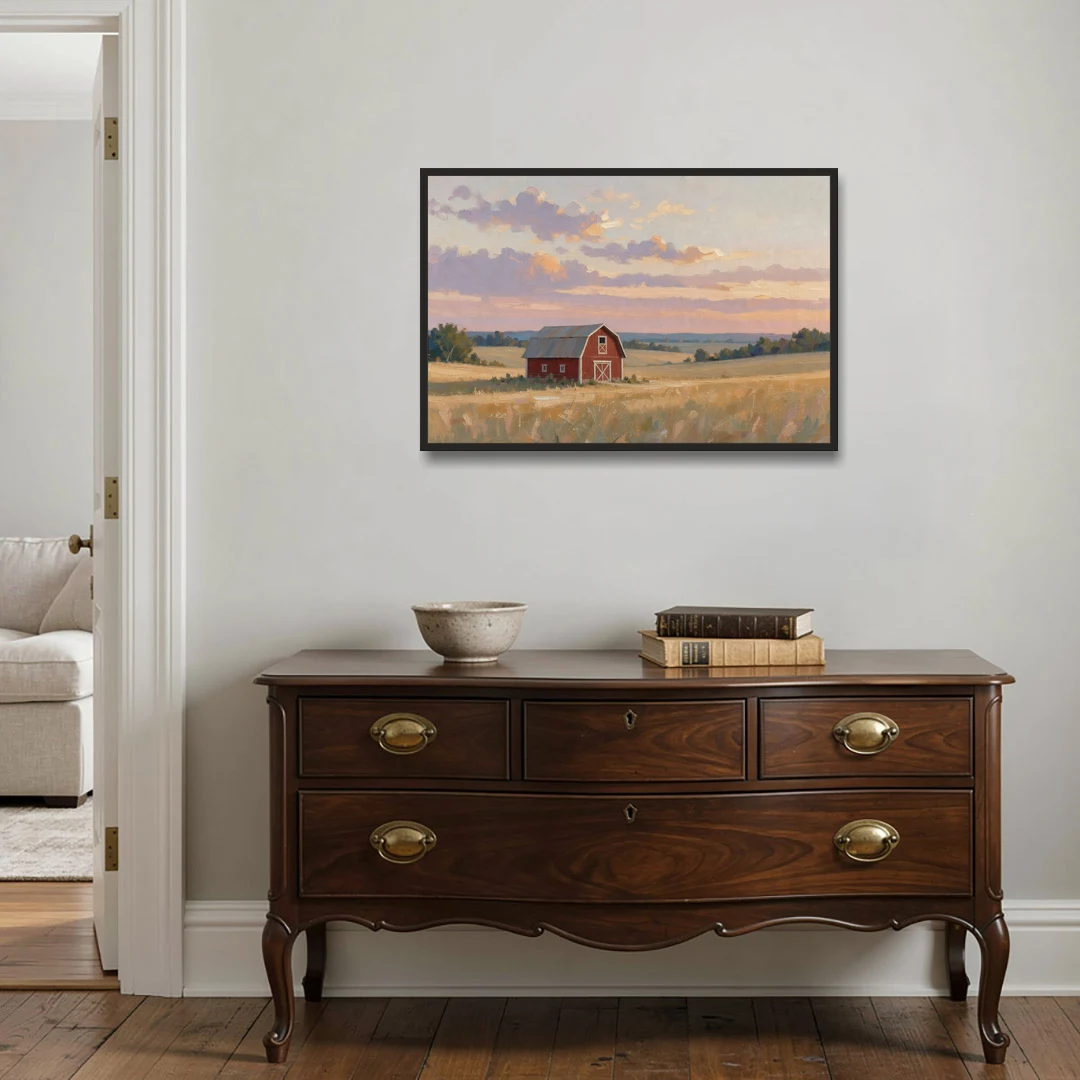 Red Barn Painting at Summer Dusk - Black Framed Canvas Wall Art - Coffee Table - 36x24