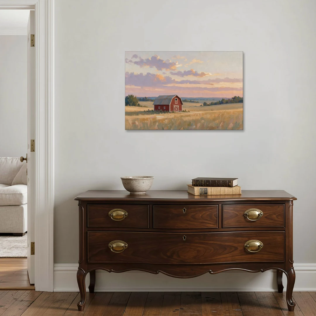 Red Barn Painting at Summer Dusk - Canvas Wall Art - Coffee Table - 36x24