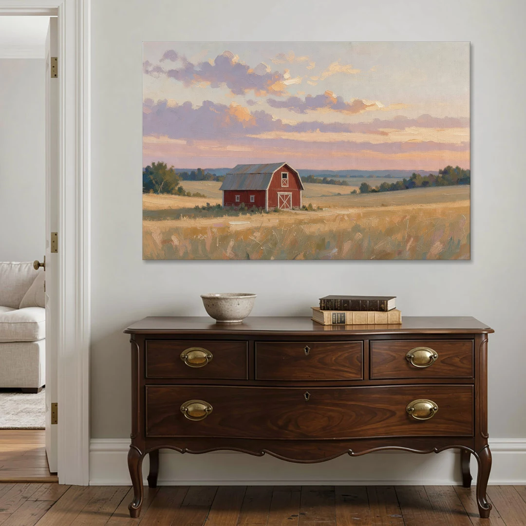 Red Barn Painting at Summer Dusk - Canvas Wall Art - Coffee Table - 60x40