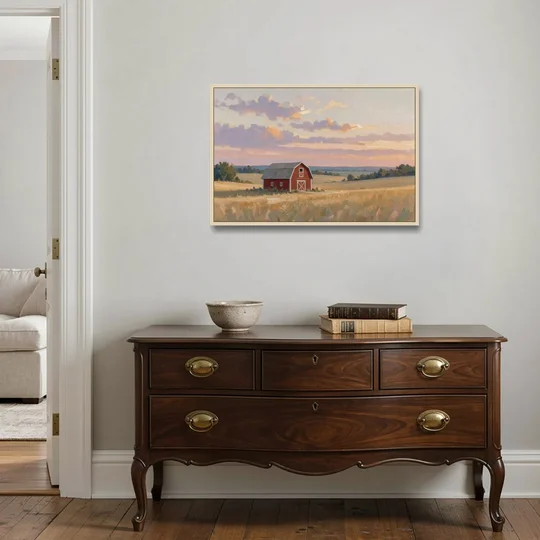 Red Barn Painting at Summer Dusk - Oak Framed Canvas Wall Art - Coffee Table - 36x24
