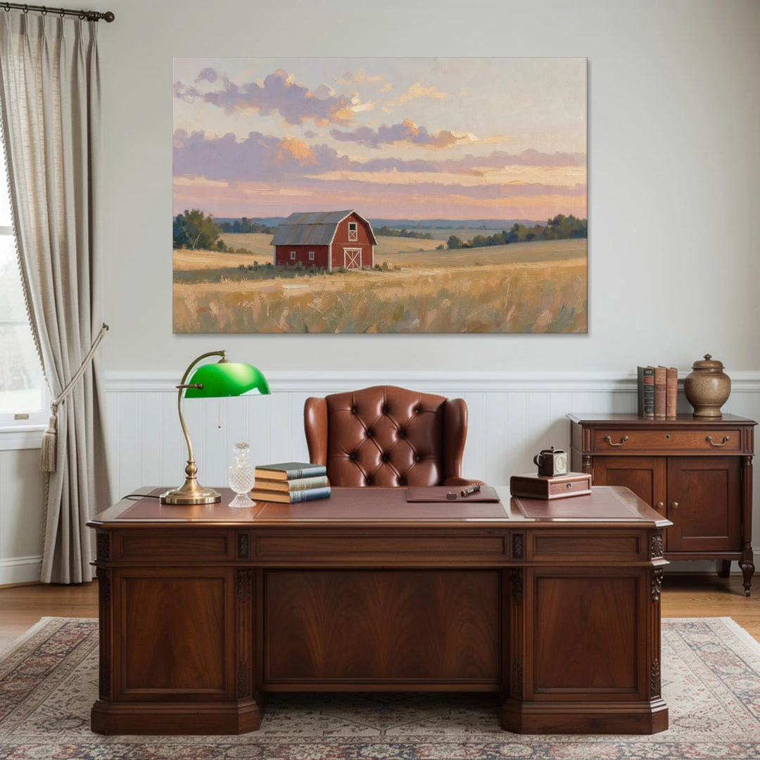 Red Barn Painting at Summer Dusk - Canvas Wall Art - Office - 60x40