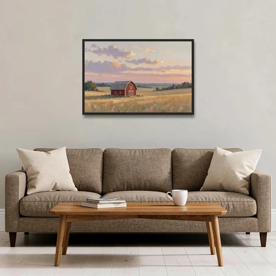 Red Barn Painting at Summer Dusk - Black Framed Canvas Wall Art - Sofa - 36x24