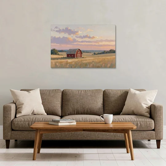 Red Barn Painting at Summer Dusk - Canvas Wall Art - Sofa - 36x24